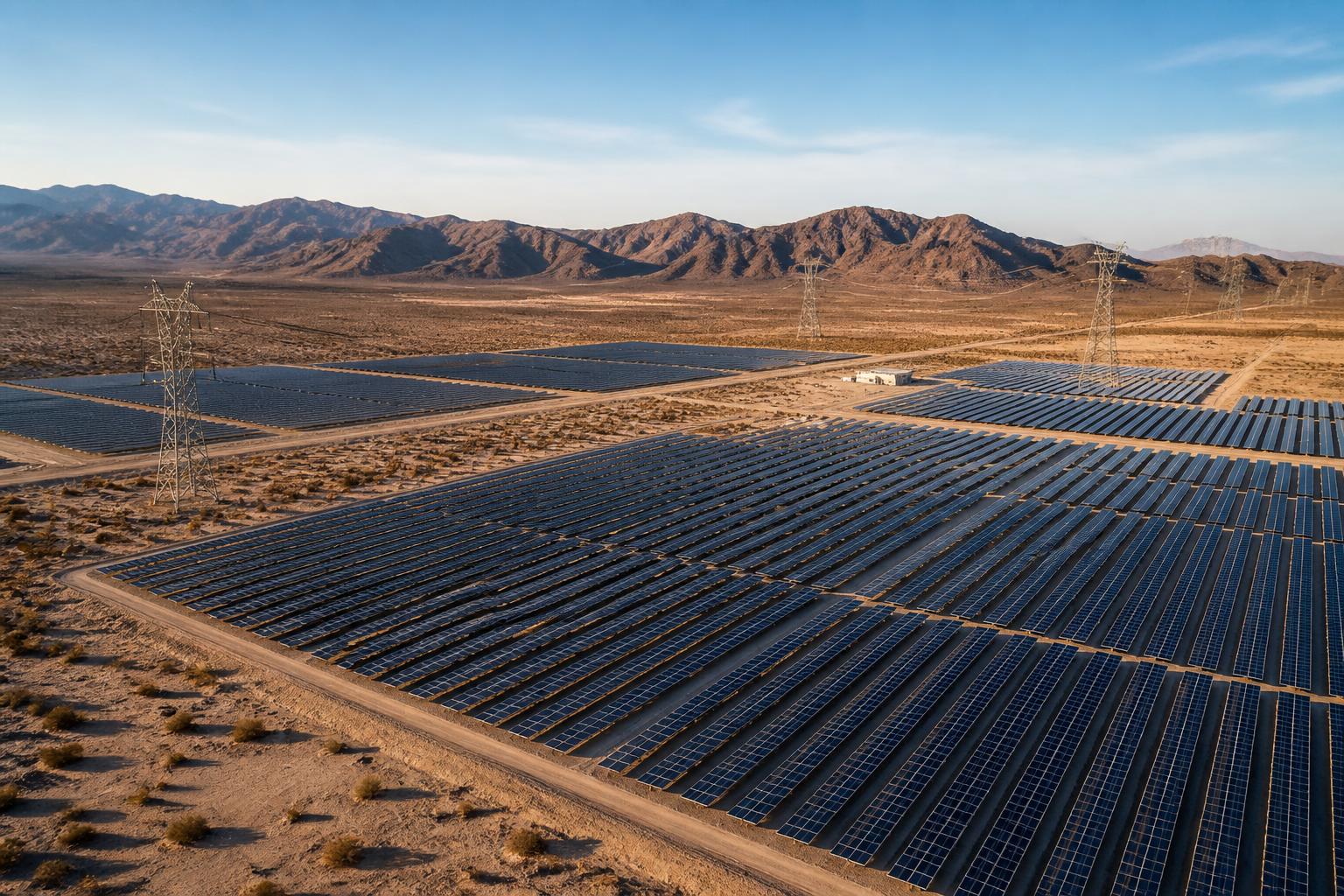 Aerial view of the Copper Mountain Solar Facility in the Nevada desert at golden hour